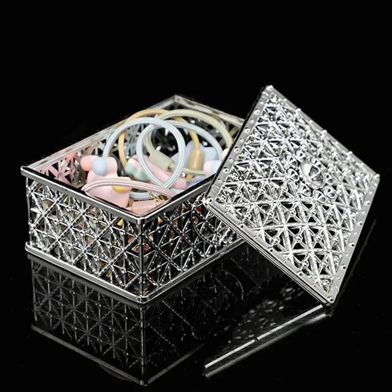 2Pcs Mini Treasure Jewelry Box Silver Hollow Flower Pattern Storage Case for Necklace Earring Ring