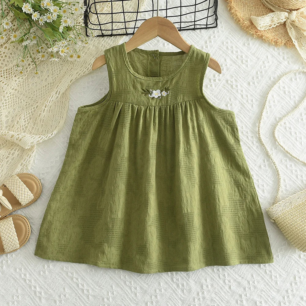 Bear Leader Korean Version Plain Color Girls Casual Dresses Summer Flower Embroidered Sleeveless Vest Dress Children's Clothing