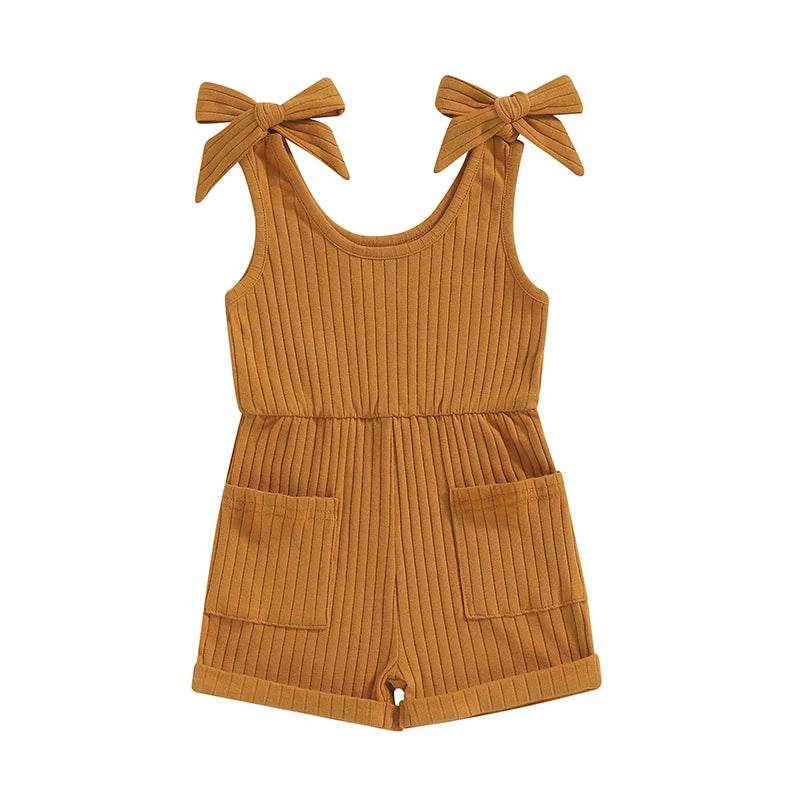 Pudcoco Toddler Kids Baby Girls Sleeveless Romper Solid Color Ribbed Bodysuit Summer Clothes with Pockets 6M-4T