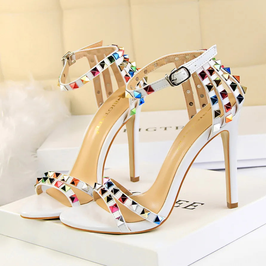 Summer Women 11cm High Heels Rivets Studded Sandals Lady Sandles Stiletto Gladiator Pumps Stripper Fetish Open Toe Luxury Shoes