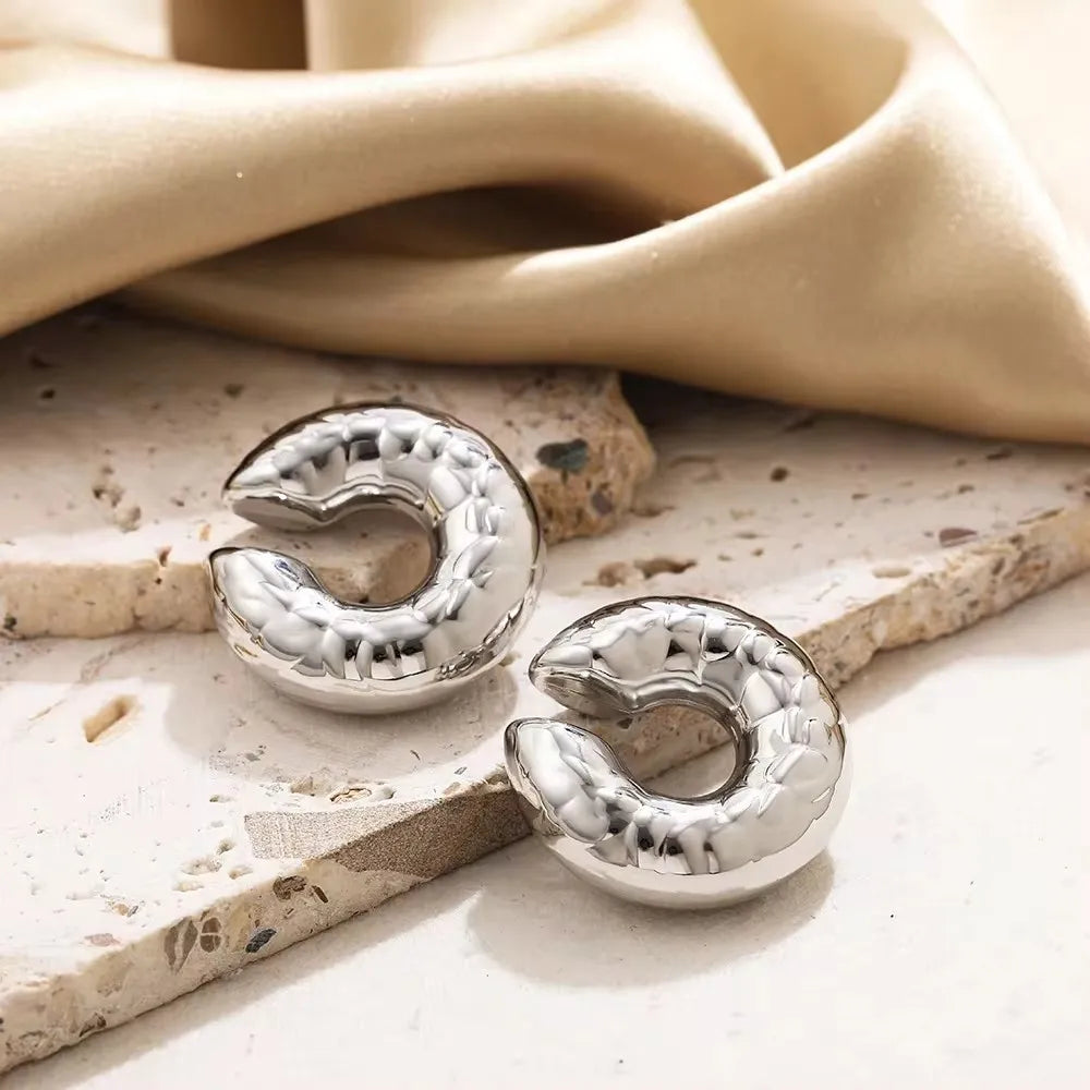 Punk Vintage Chunky Geometric Round Ear Cuff Stainless Steel Metal Texture Thick C Shape Non Piercing Ear Clip