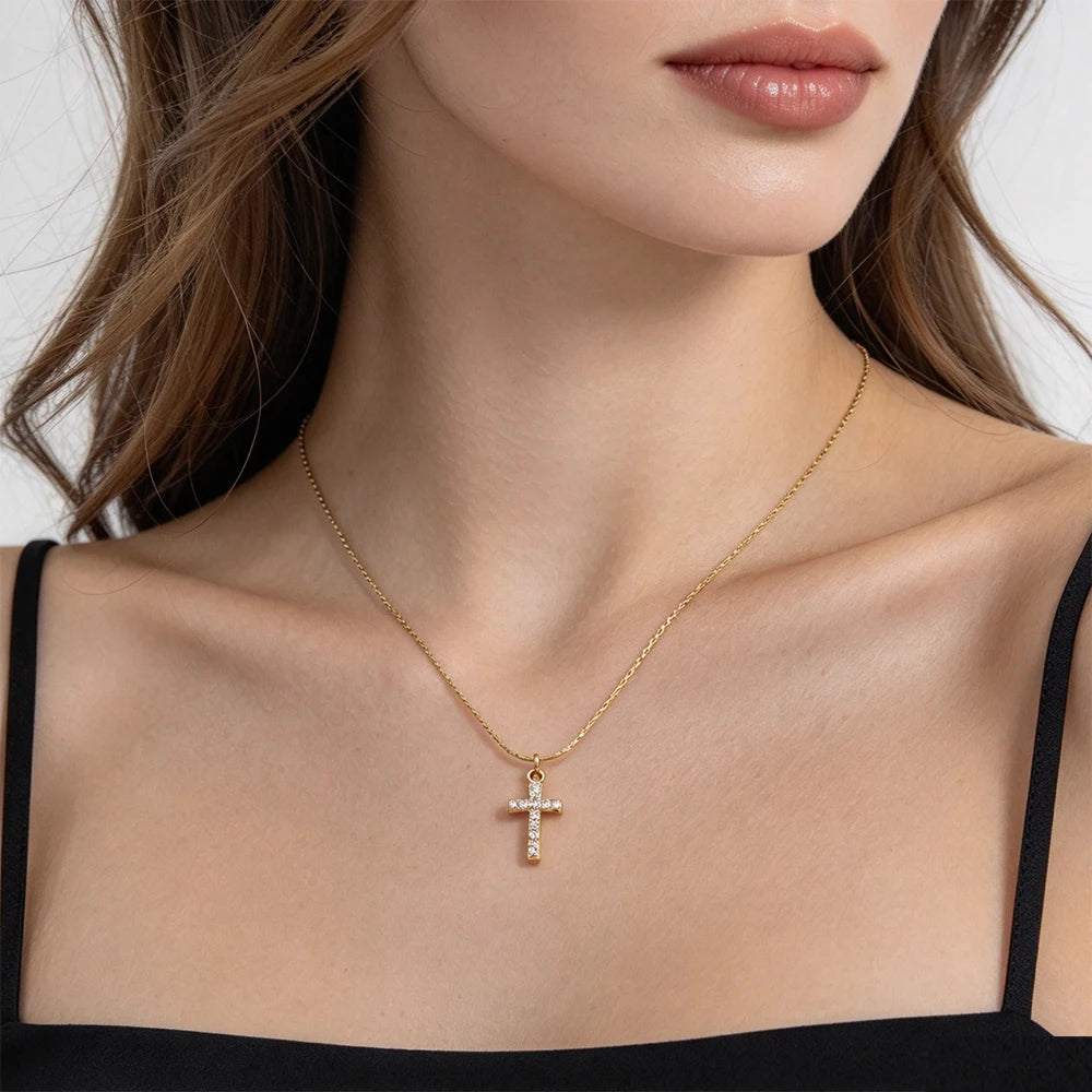 Skyrim Clear Zircon Cross Pendant Necklace Women Gold Plated Stainless Steel Filled Beading Chain Choker Religious Jewelry Gift
