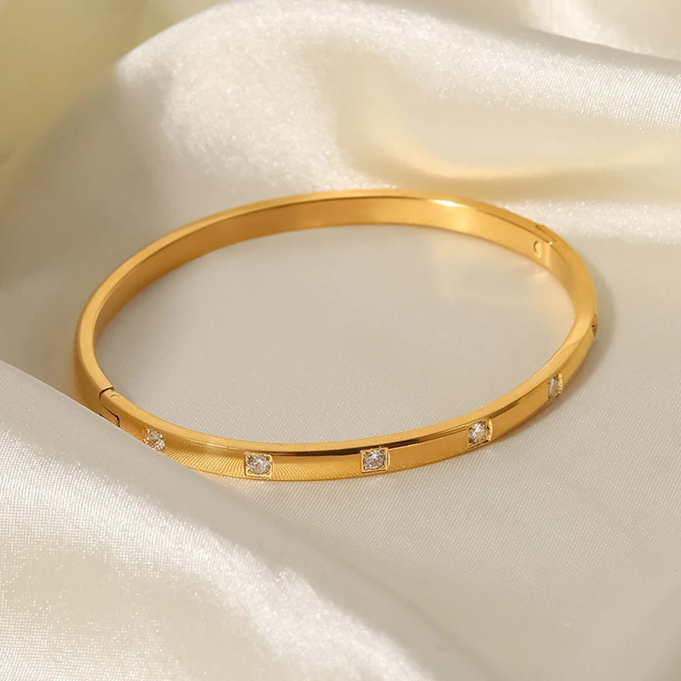 Yupsk 3Pcs Gold Color Stainless Steel Stacked Bangle Bracelets for Women Exquisite Inlaid Zircon Waterproof Party Jewelry