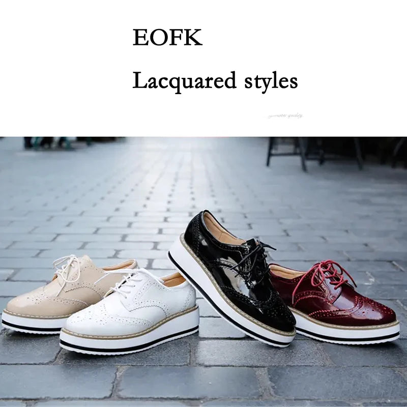 EOFK Spring Autumn Women Derby Platform Flats Brogue Leather Lace up Classic Bullock Footwear Gold Female Oxford Shoes Lady