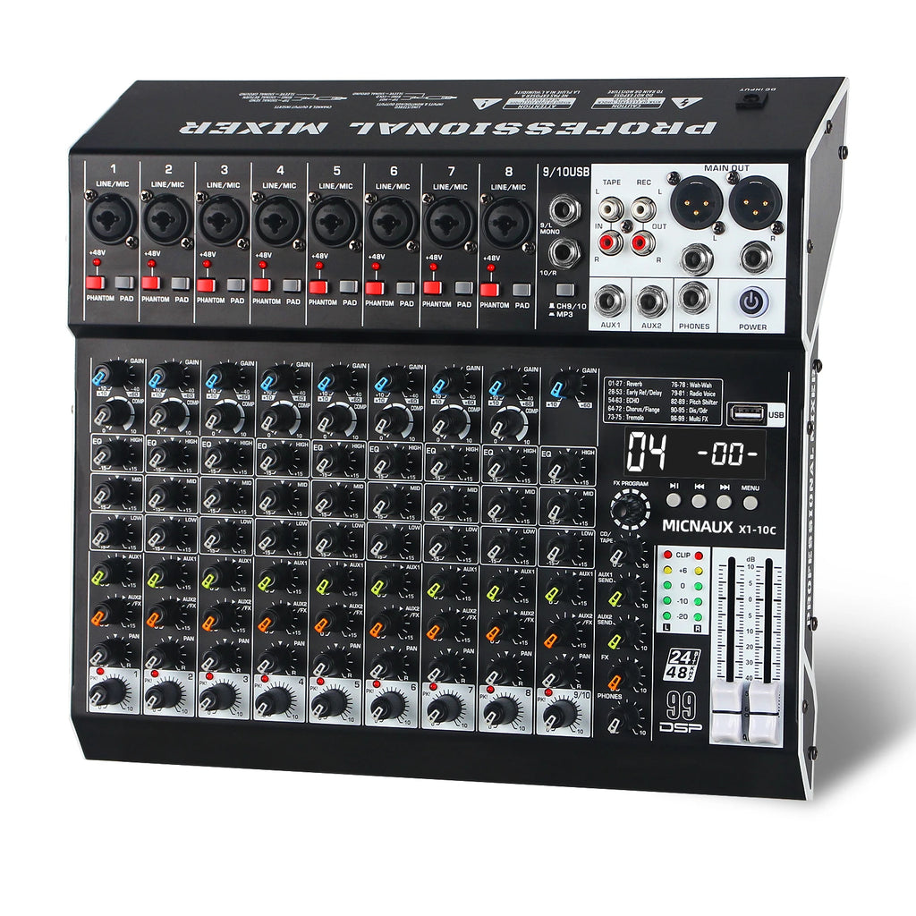 FULUODE X1-8C Audio Mixer 8-Channel Professional Mixer Console with 99 DSP Effects Mixing Board DJ Mixer with USB Bluetooth 48V