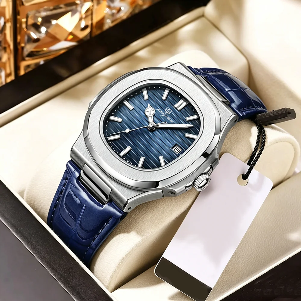 PAAZOMU Top Luxury Square Man Watch Date Waterproof Luminous Men Wristwatch High Quality Leather Men's Quartz Watches+Box Reloj