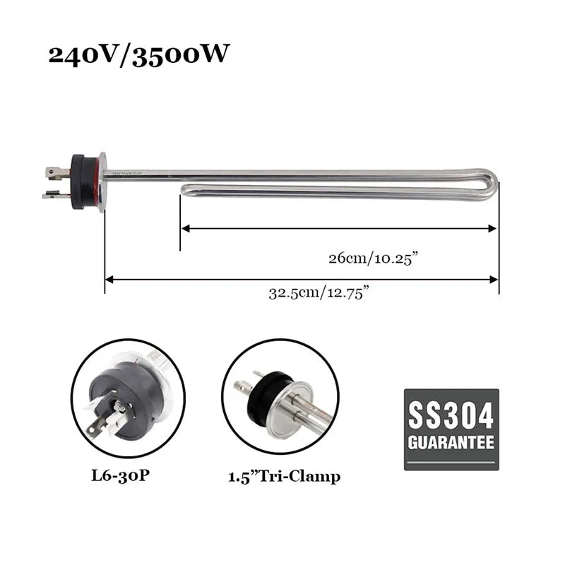 Homebrew Kettle Heating Element 1.5 Inch Tri Clamp Integrated All Stainless Steel ULWD Foldback Ripple 240v/120v