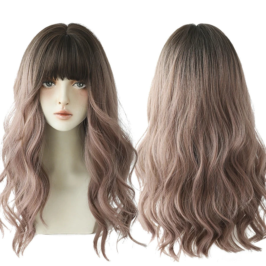 7JHH WIGS Long Wavy Curly Black Blonde Wig for Women Natural Highlight Synthetic Blend Wigs with Bangs Heat Resistant Hair Wig
