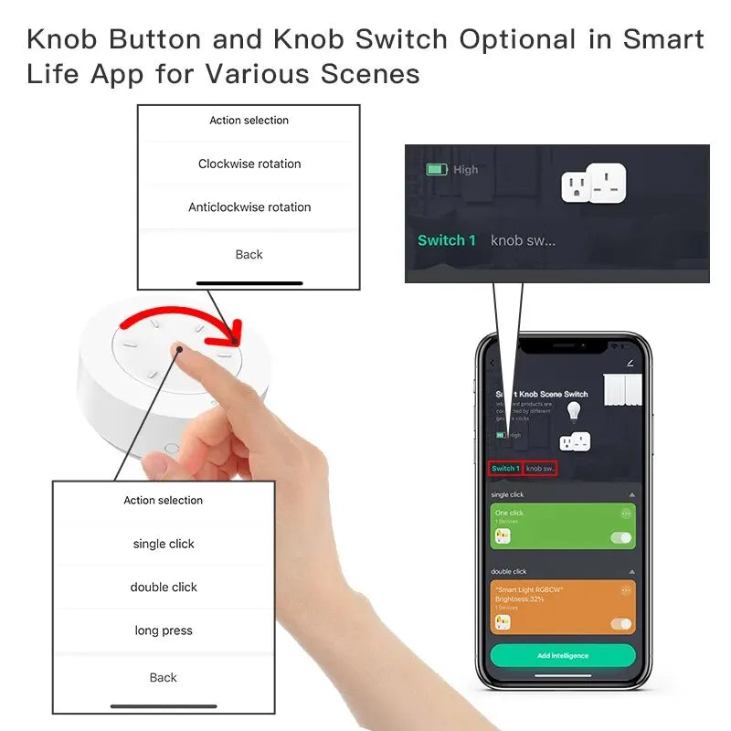 Smart Knob Switch DIY Wireless Scene Button Rotatable Dimmer Switch Home for Tuya ZigBee Smart Appliances Automation Linkage