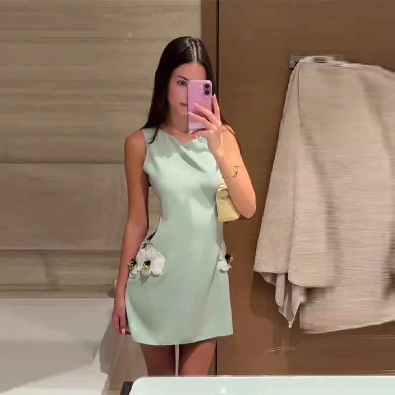 Women's Elegant 3d Flower Sleeveless Mini Dress Lady Light Green Vacation Party Dresses Stylish Female New Trend Summer Clothes