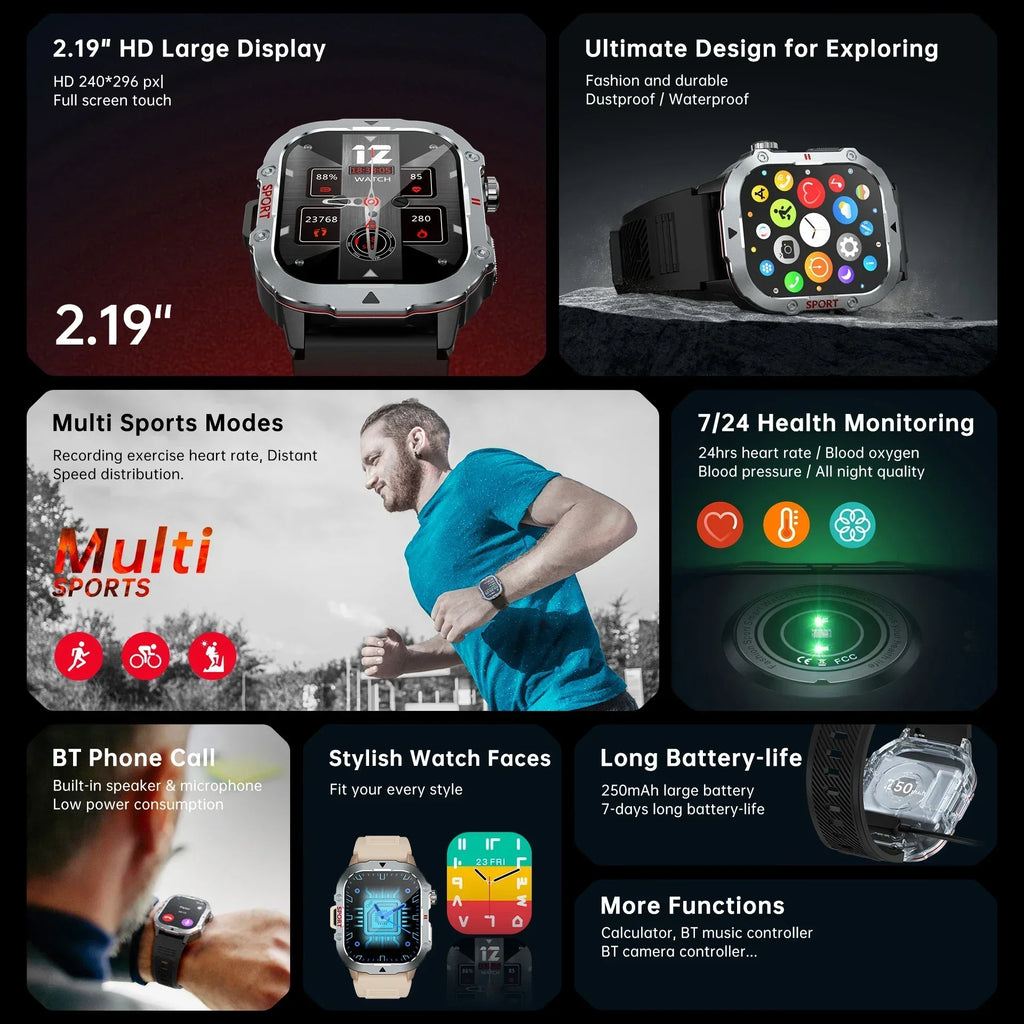 2026 New Military Smart Watch Men Waterproof Outdoor Sports Fitness Tracker Health Monitor 2.19" BT Call Smartwatch