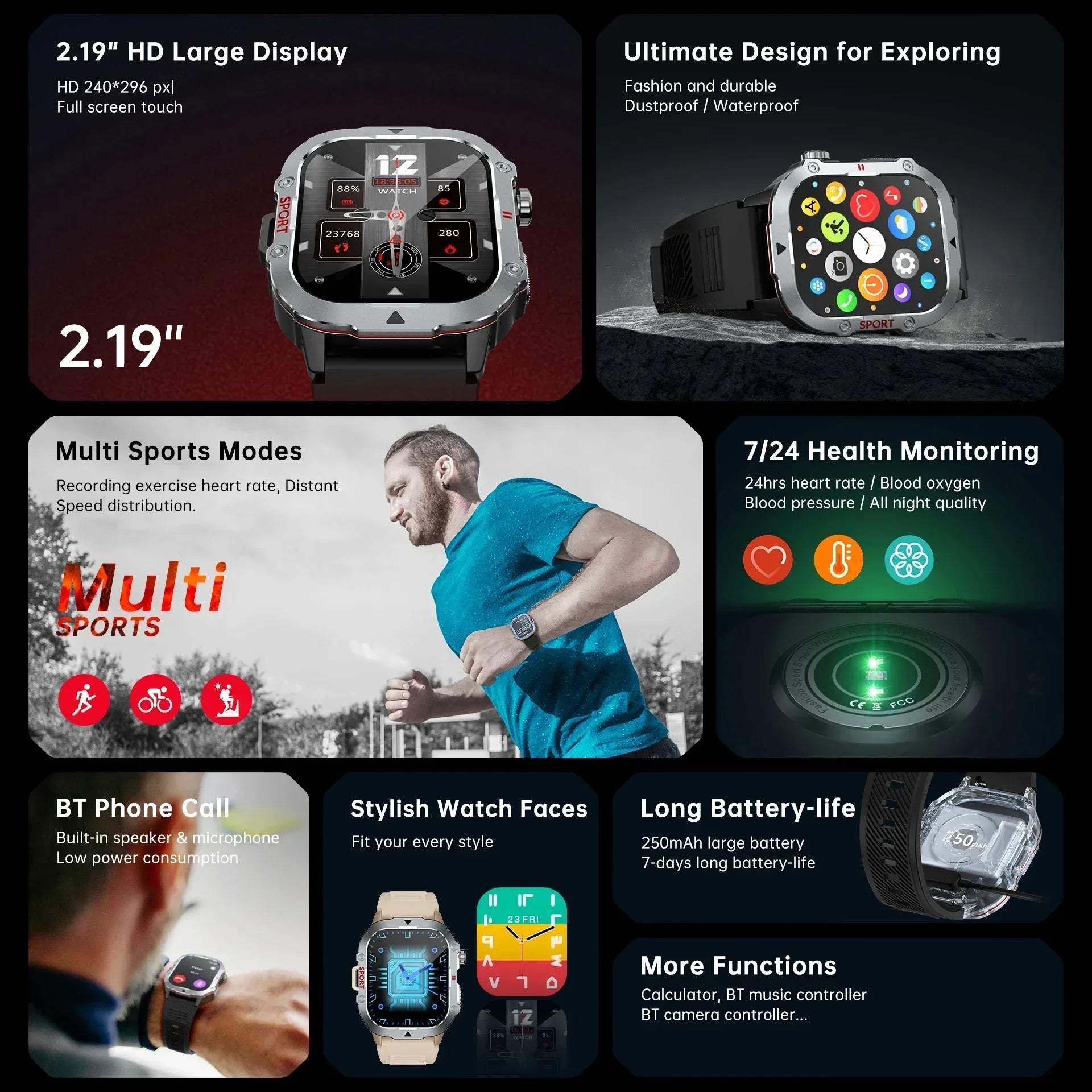 2026 New Military Smart Watch Men Waterproof Outdoor Sports Fitness Tracker Health Monitor 2.19" BT Call Smartwatch