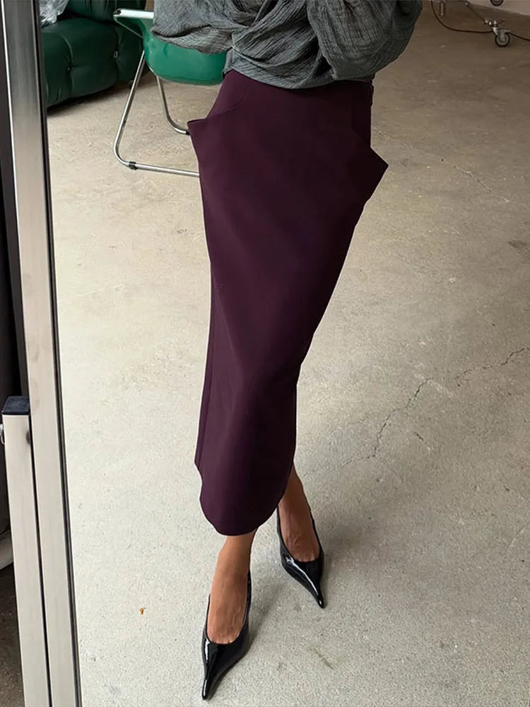 Structured Cut Pocket High Waist Midi Skirt Slim Fit Solid Color 2026 Autumn Fashion Elegant Women Bottom Trendy Chic Lady Skirt