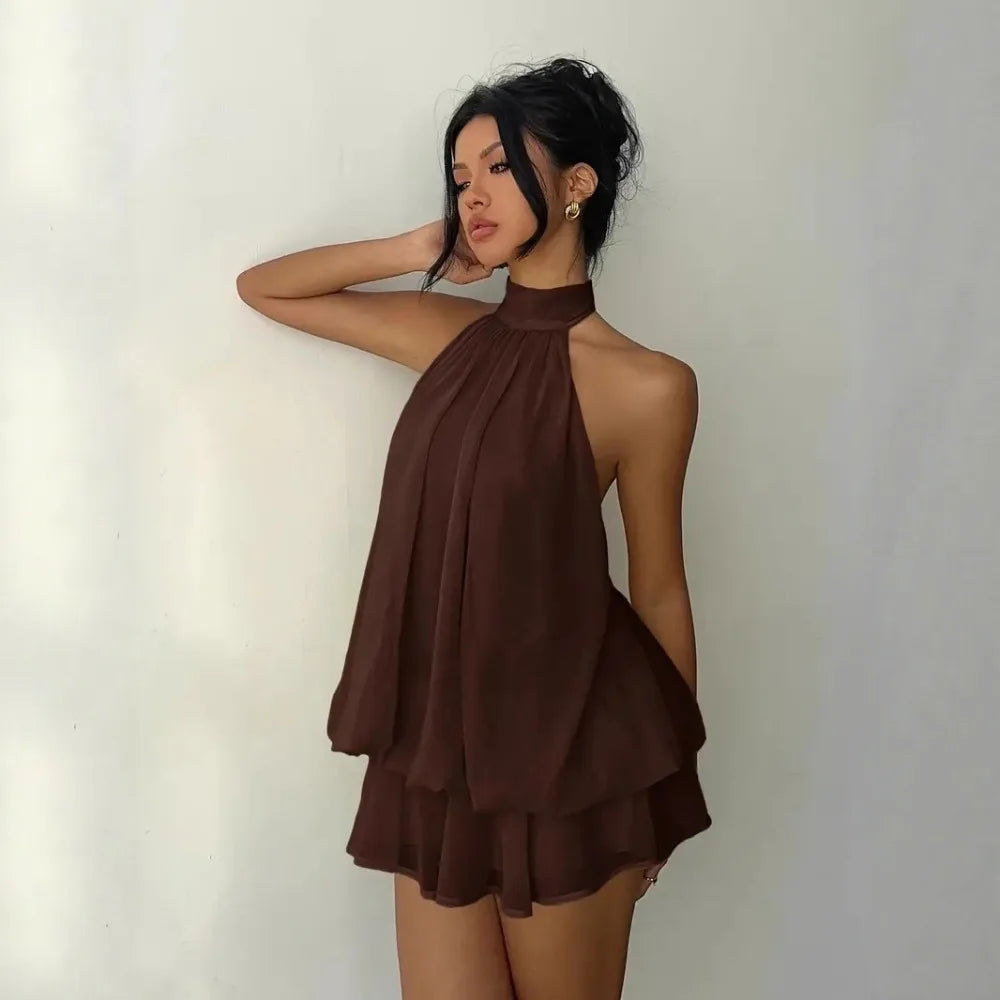 New Halter Tie Party Dress Backless Chiffon Going Out Dresses Sleeveless Ruffle Brunch Outfits for Women
