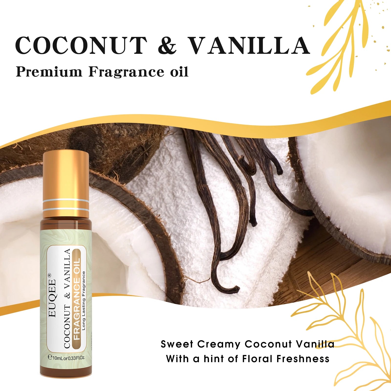 EUQEE 10ml Roll-on Coconut & Vanilla Fragrance Oil For Diffuser Candle Making DIY Perfume Aroma Oils for Aromatherapy