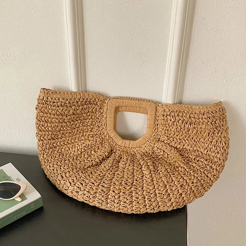 Summer Straw Women Half-moon Beach Handbag Rattan Handmade Handle Fashion Kintted Tote Bag