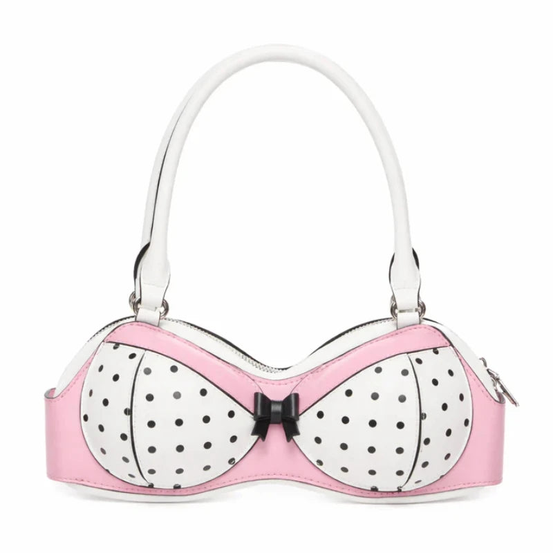 Polka Dot Bra Y2k Bags for Women Unique Novelty Cute Pink Bikini Handbag with Bow Harajuku Streetwear Funny Party Shoulder Bag