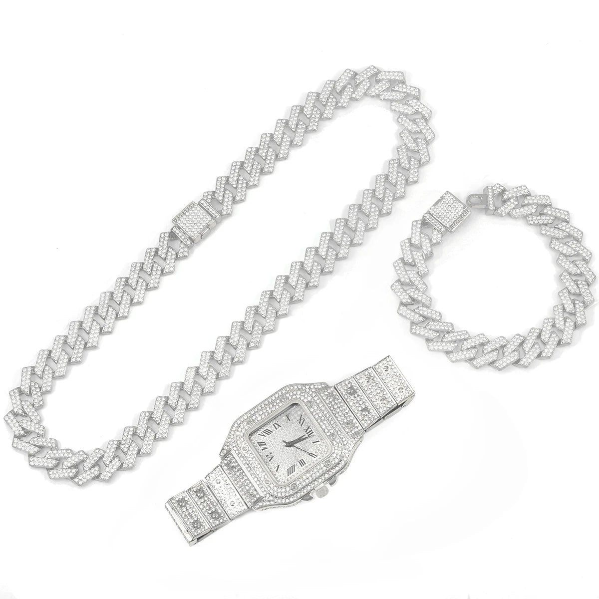 3pcs Men's Watch Set Hip-hop Punk Inlay Diamond Square Watch+Cuban Chain+Bracelet Comes With Strap Adjuster Stylish Jewelry Gift