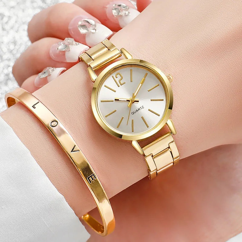 2PCS Set Fashion Luxury Women's Watch Gold Fine Strap Ladies Watch For Bracelet Montre Femme Female Wrist Watch Women Clock