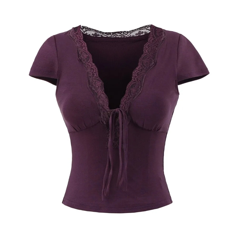 Chic V Neck Slim Crop Tops Short Sleeve Sweet Bottoming T-shirt Lace Elastic Camisole Streetwear