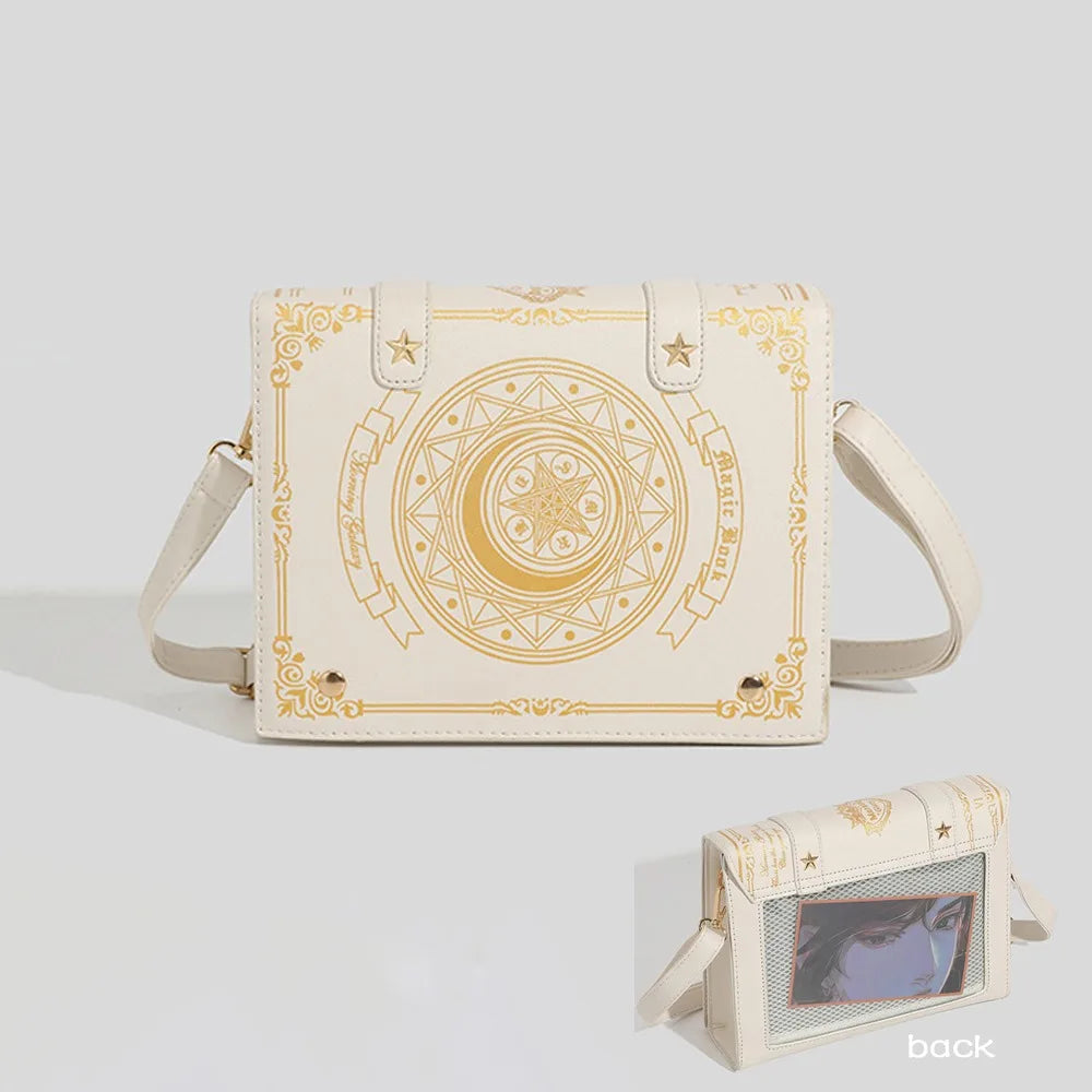 Kawaii Star Moon Badge Display Shoulder Bag Magic Book Design Transparent Window Women Messenger Bag PU Girls Ita-bag Lolita