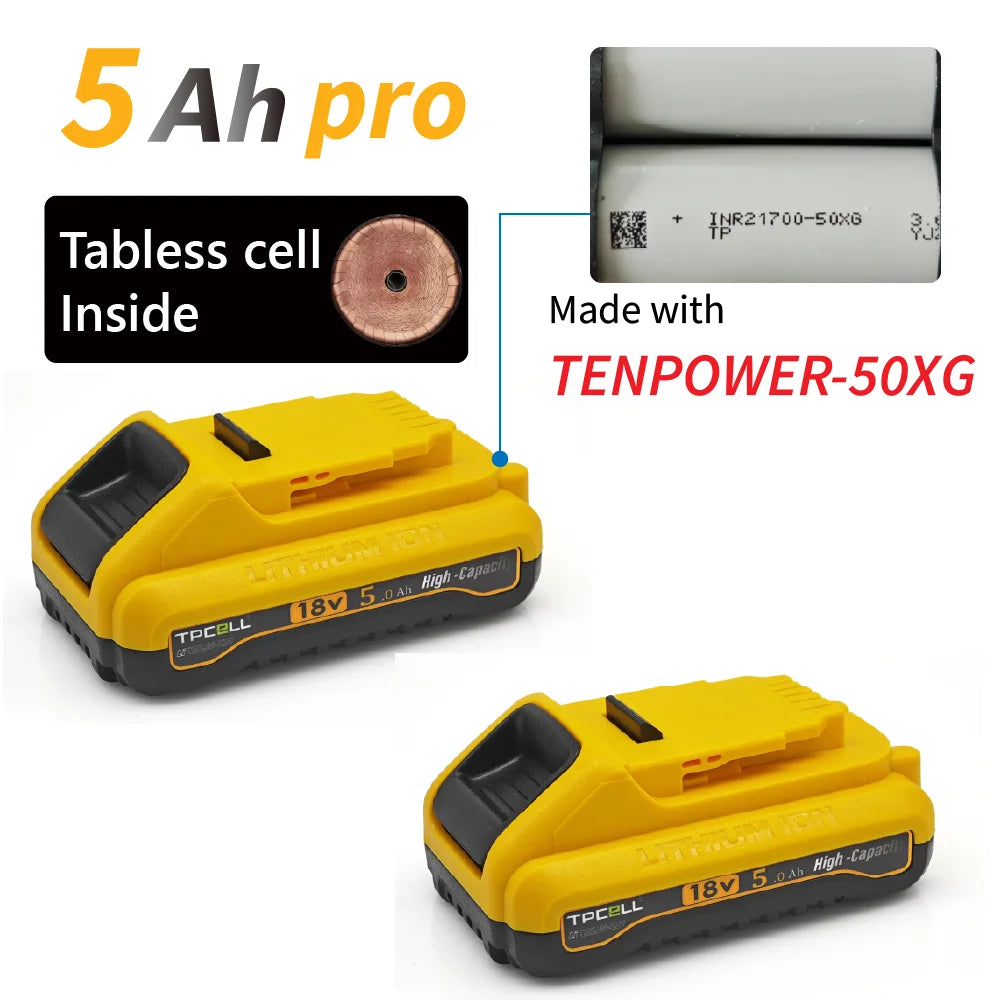 TPCELL 4Ah/5Ah For D.Walt 20V Battery Tabless 21700 DCB200  Replacement Battery Compatible With For D.walt 18V/20V Tools Battery