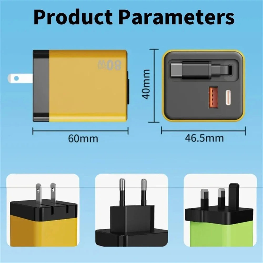 80W GaN USB Type C Charger Fast Charging With Built-in PD Cable USB C Quick Charger EU/US/UK Plug For iPhone 17 16 Xiaomi Huawei
