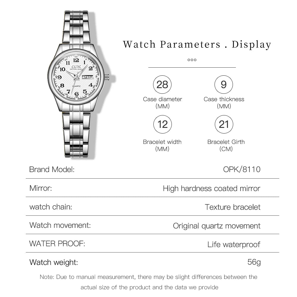 OPK 8110 Ladies Watch Classic Simple Brand Quartz Watch Stainless Steel Strap Watch For Women Waterproof Luminous Day-Date Watch
