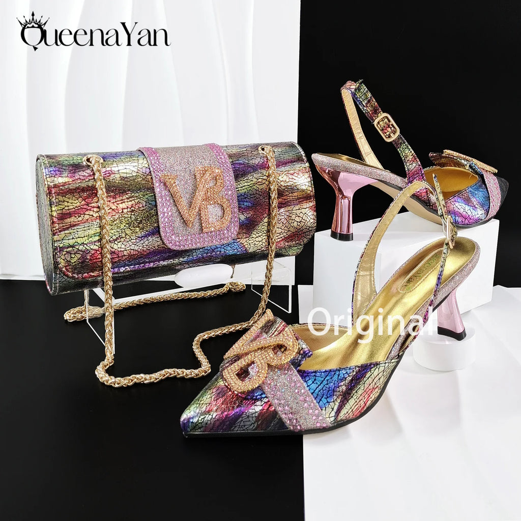 2026 Women Shiny Holographic Rainbow Slingback Heel Matching Bag Set Sparkly Rhinestone Letter Embellished Pumps for Wedding