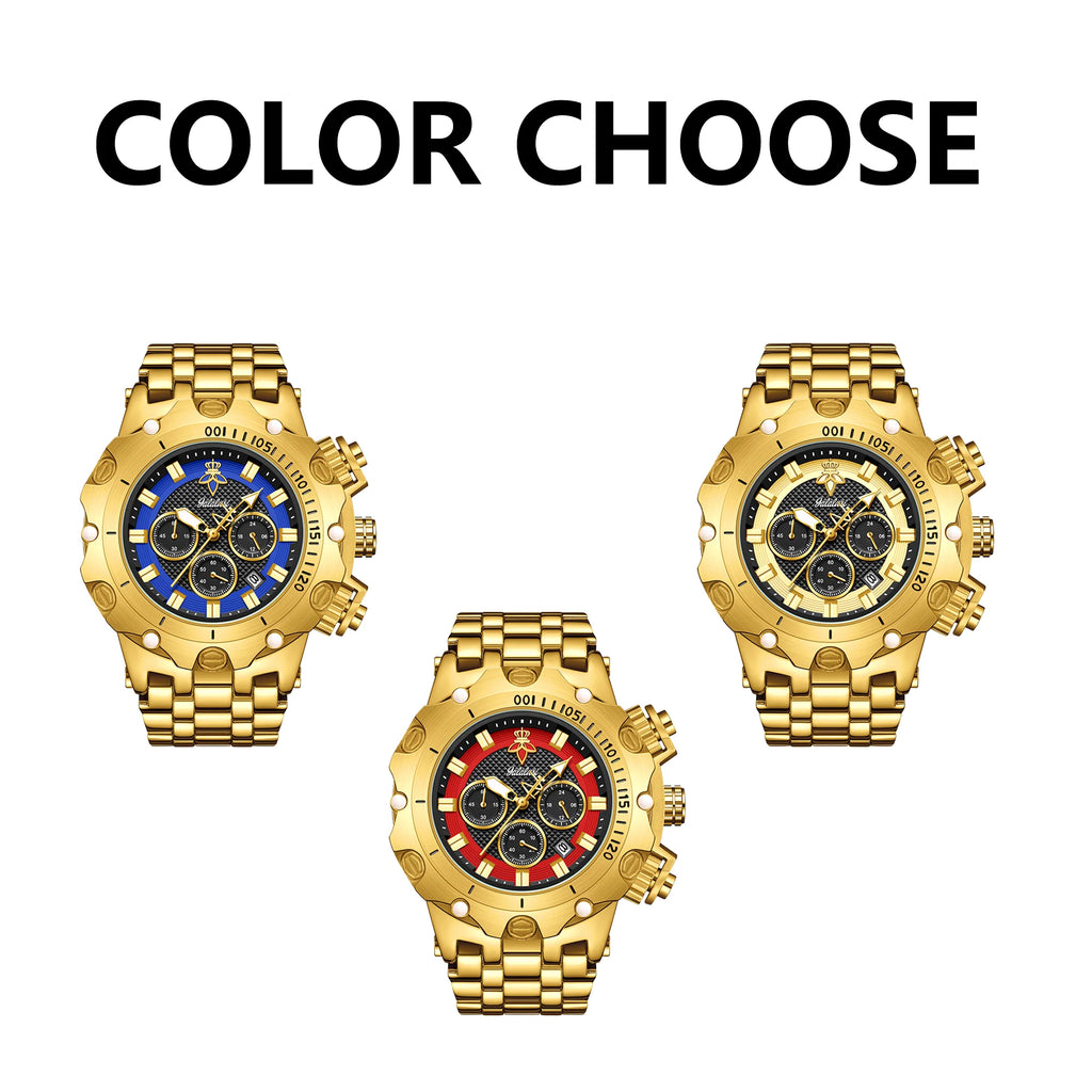 YaLaLuSi Men Gold Watch Multi Chronograph 3 Subdials Heavy Duty  Bracelet Luminous Dial Sport Quartz Wristwatch Male Gift Clock