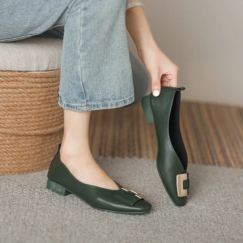 Woman Square Toe Low Heeled Metal Decoration Red Mary Janes Cute Casual Ballerina Female Flats Elegant Soft Soled Flat Shoes