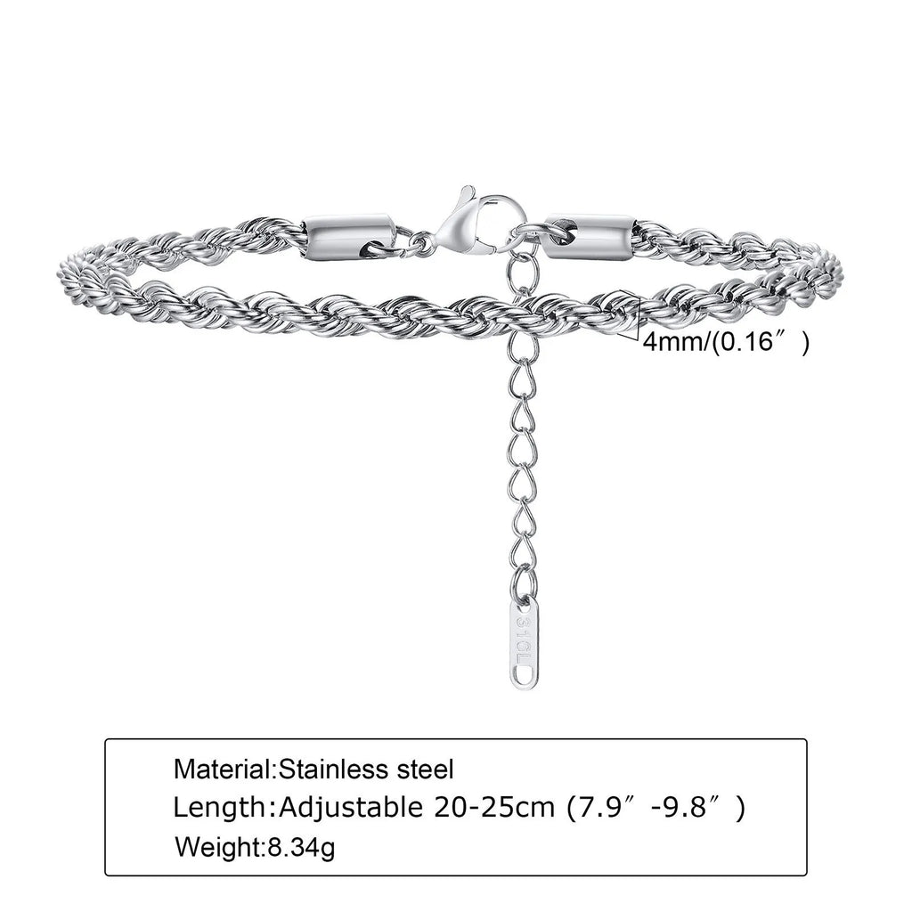 Hip Hop Men's Stainless Steel Rope Chain Bracelets,2/3/4/5mm Gold Color Adjustable Twisted Chain Wristband,Punk Casual Jewelry
