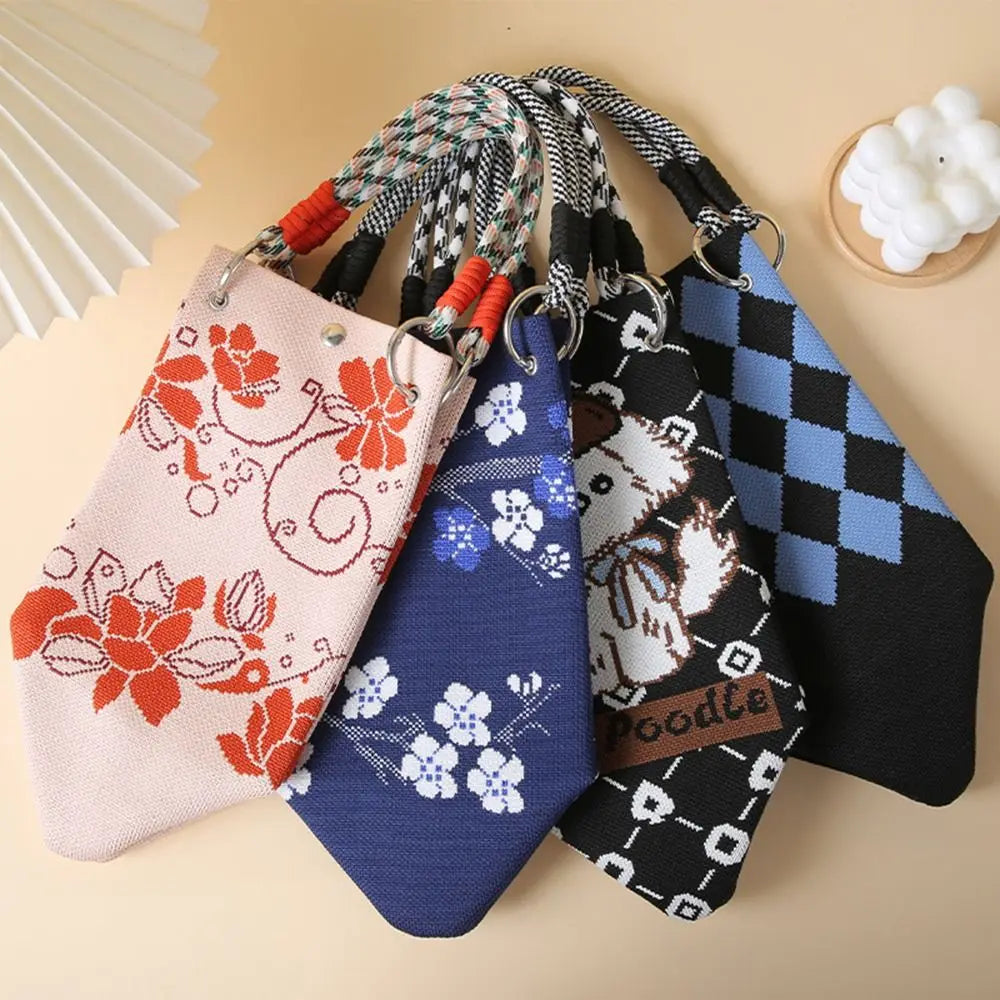 Cute Cartoon Knitted Bucket Bag Handmade Woven Ring Buckle Wrist Bag Large Capacity Tote Bag for Women Girls