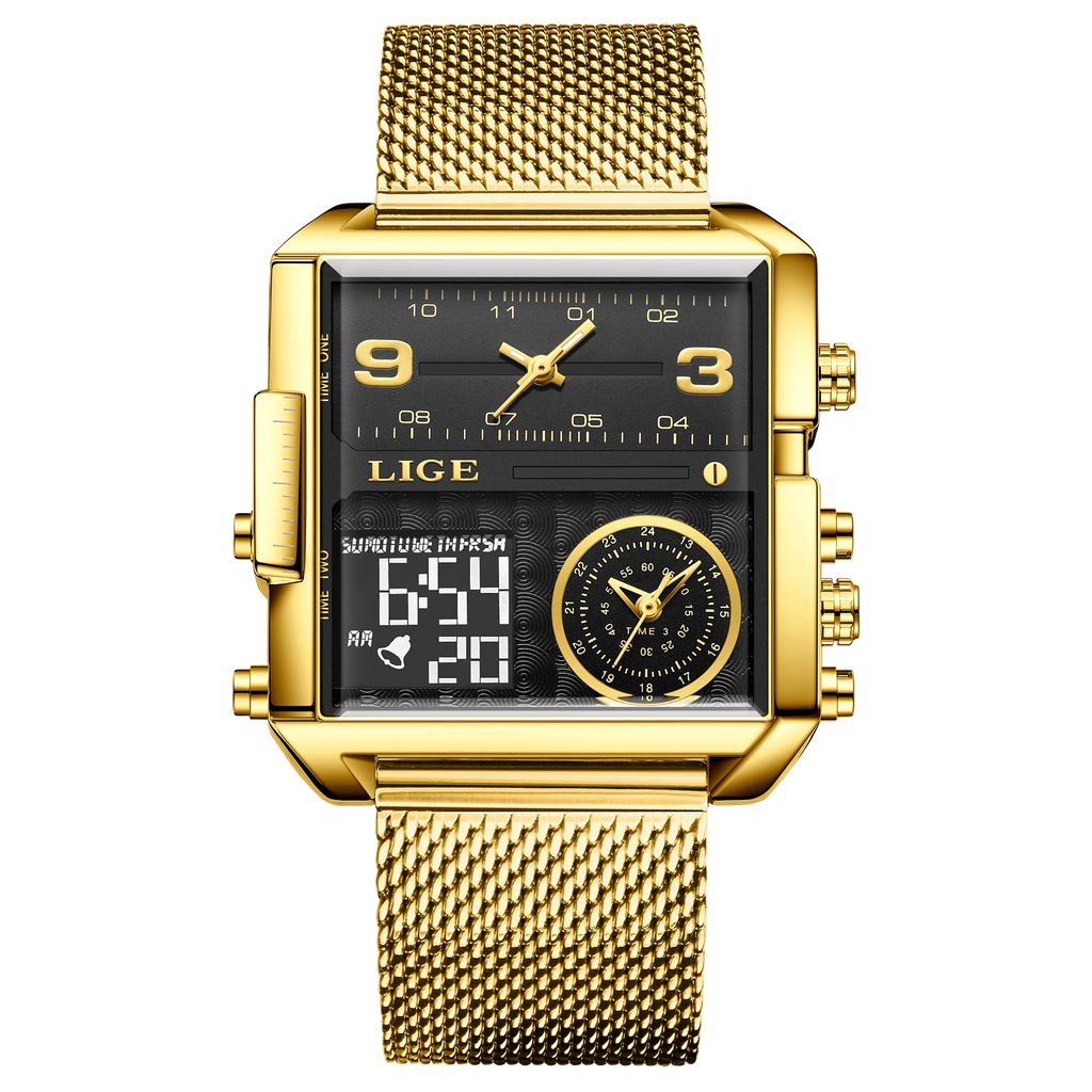 LIGE New Top Brand Luxury Fashion Men Watches Gold Steel Sports Square Digital Analog Big Quartz Watch for Man relogio masculino