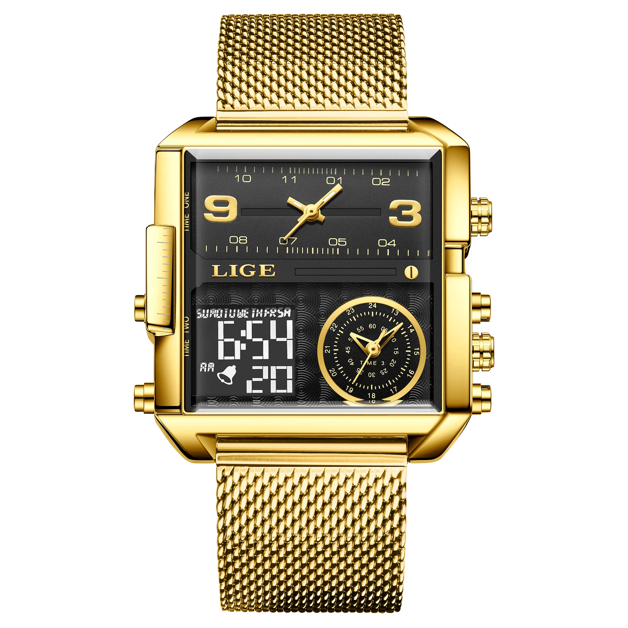LIGE New Top Brand Luxury Fashion Men Watches Gold Steel Sports Square Digital Analog Big Quartz Watch for Man relogio masculino