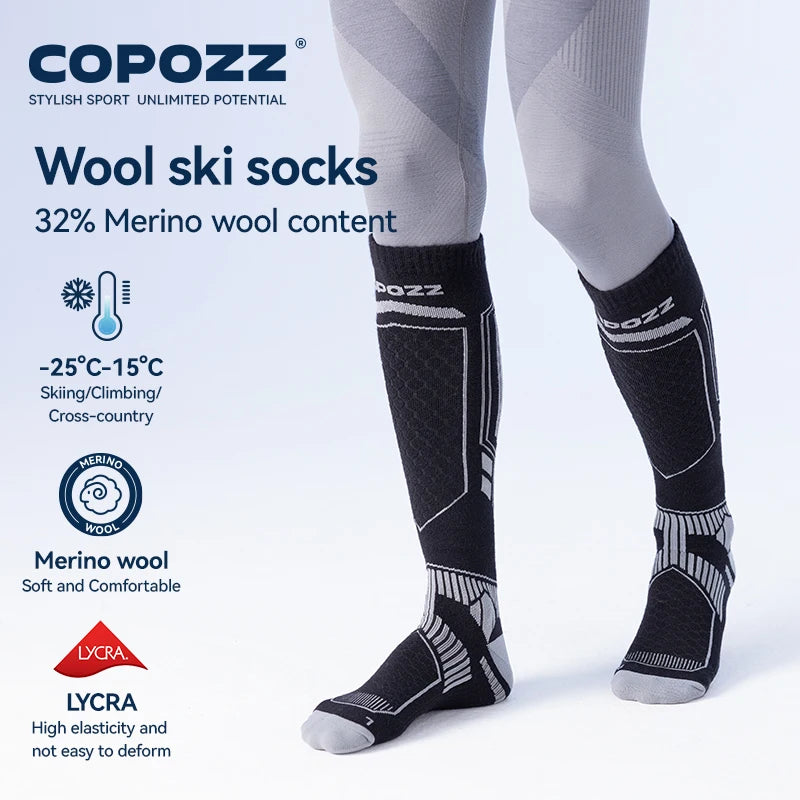 COPOZZ Merino Wool Winter Ski Socks Men Women Thermal Knee-high Ski Socks Warm Thickened Snowboard Soccer Socks Adult Female