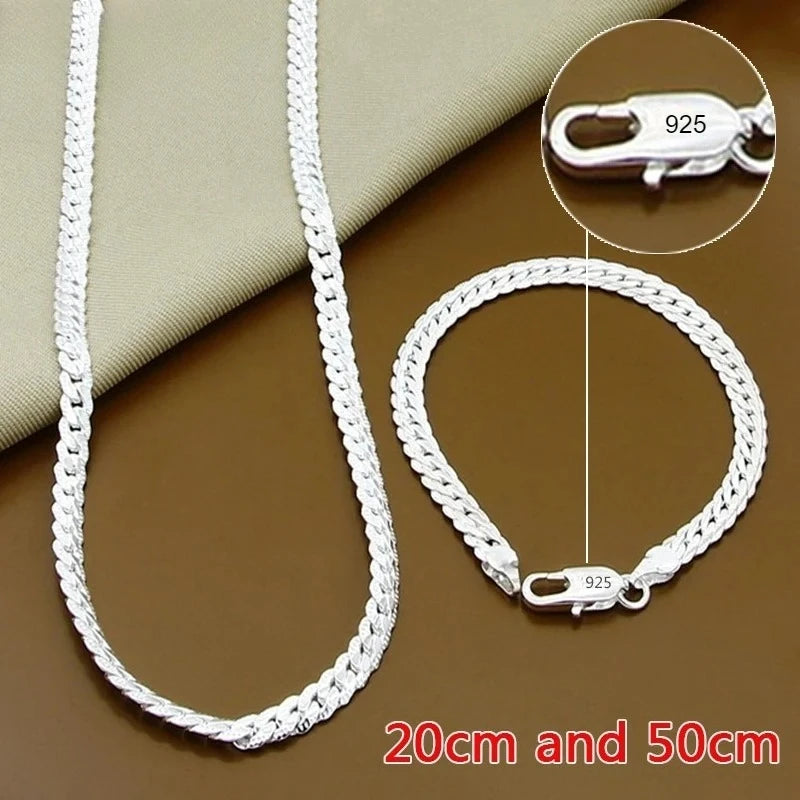 Fine Brands 5MM Flat Chain 925 Sterling Silver Bracelets Necklaces Jewelry Sets for Men Women Fashion Wedding Gifts
