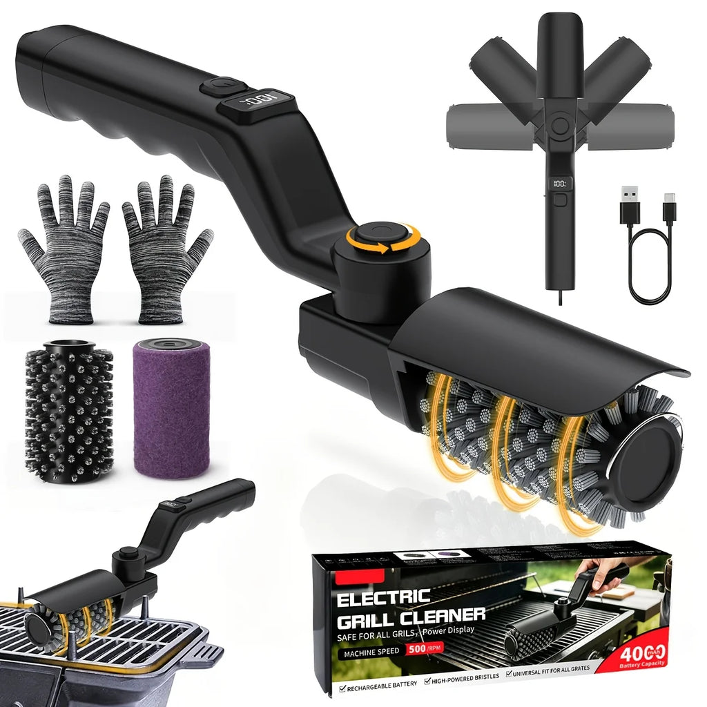 Built-in 4000mAh rechargeable battery with 3 adjustable speed modes. The rotating cleaning head delivers powerful scrubbing force to remove burnt grease, charred residue and food debris on grills without strenuous manual brus