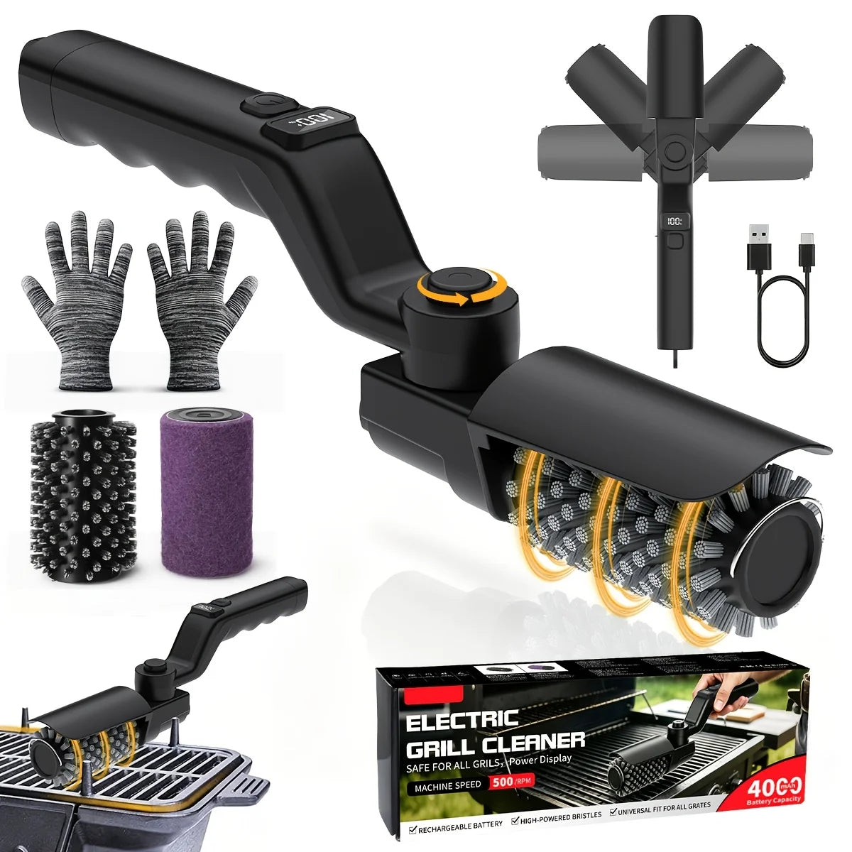 Built-in 4000mAh rechargeable battery with 3 adjustable speed modes. The rotating cleaning head delivers powerful scrubbing force to remove burnt grease, charred residue and food debris on grills without strenuous manual brus