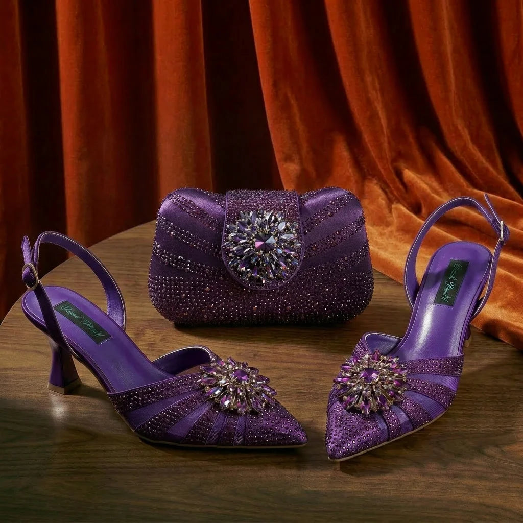 2026 Women's Elegant Green Rhinestone Slingback Heels & Matching Handbag Set COMFORT INCLUDED Stylish Pointed Toe Design Shoes