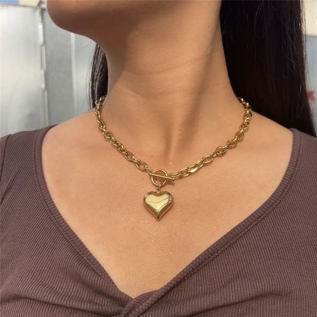 New Design Stainless Steel Puffy Heart Pendant Necklaces For Women Toggle Choker Necklaces Fashion Jewelry