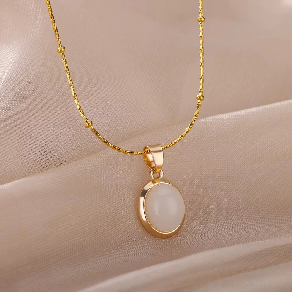 Trendy Oval Colorful Stone Necklace For Women Stainless Steel Gold Color Green Opal Stone Pendant Necklace Aesthetic Jewelry Gif