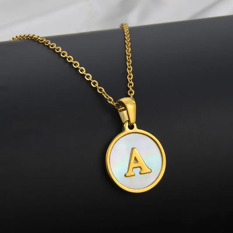 Initial Letter Necklaces for Women Trendy Stainless Steel Circle Couple Pendant Inlaid Shell Jewelry