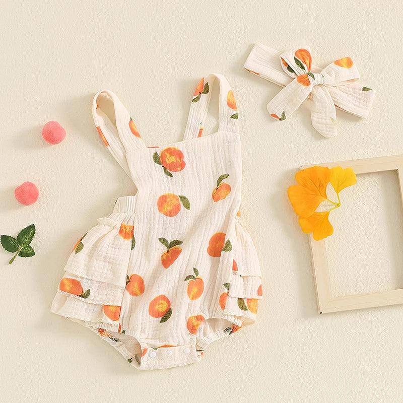 2024-05-08 Lioraitiin Summer Baby Girls Romper Peach Print Sleeveless Square Neck Side Tiered Ruffled Jumpsuit with Bow Headband