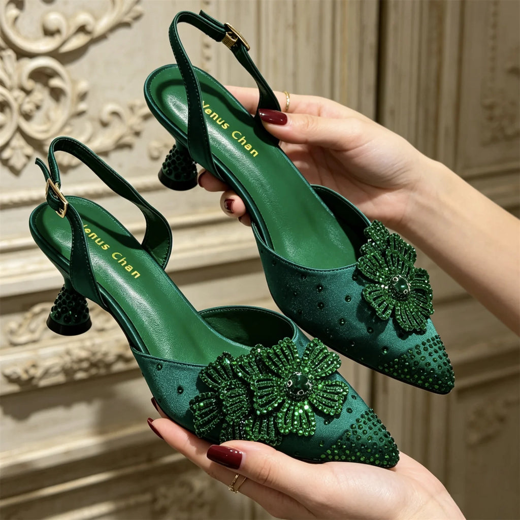 Luxury Women's Satin Slingback Heels with Rhinestone Embellishments & Pointed Toe - Stunning 3D Floral High Heels Ideal