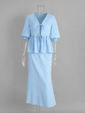 Tossy Summer Ruffled 2 Piece-Set Maxi Skirt For Women V-Neck Lace-Up Short Sleeve Shirts Top And Slim High Waist Long Skirt Sets
