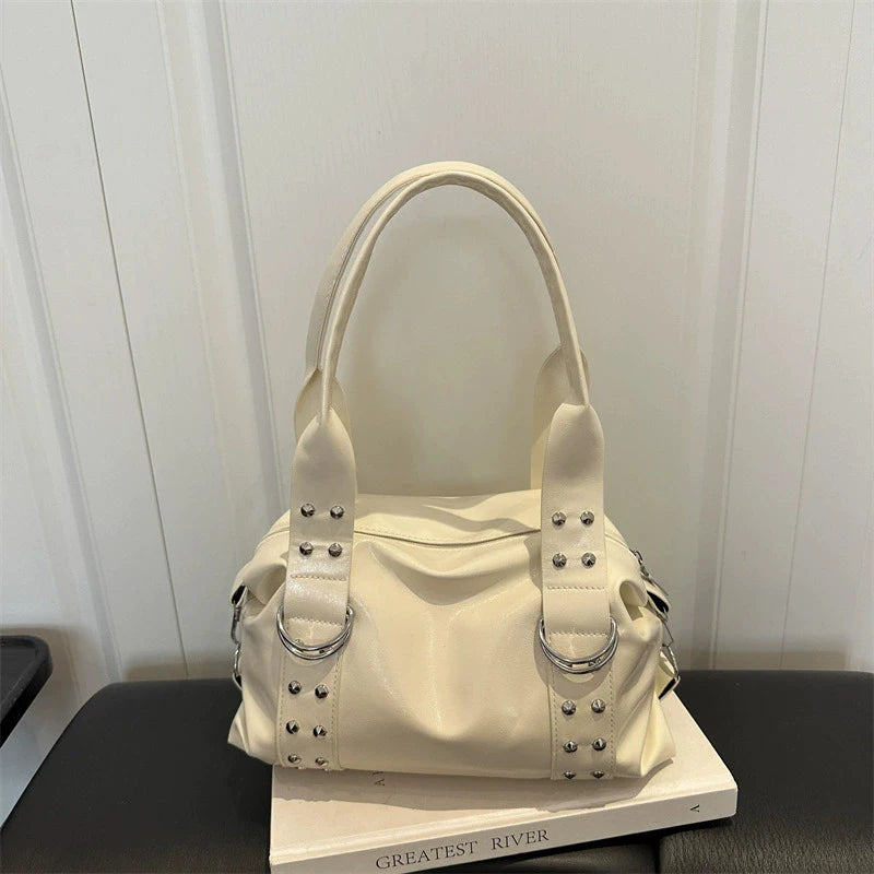 High Quality PU Leather Women's Shoulder Bag Large Capacity Y2K Underarm Bag Fashion Rivet Women Daily Boston Handbag