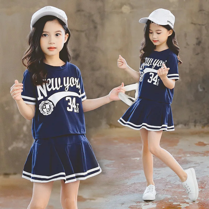 Summer Girls Clothes Suit Short-Sleeved+A-Line Skirt 2Pcs Set College Style Jk Uniform Children Clothing Baby Tracksuits
