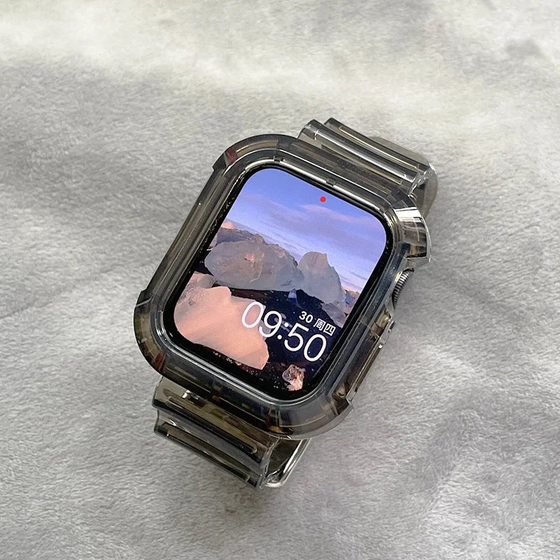 Cute Pink Transparent Case+Strap For Apple Watch Band 49mm 41mm 40mm 44mm 42mm 38 Silicone Bracelet For iWatch 8 7 SE 6 5 Cases