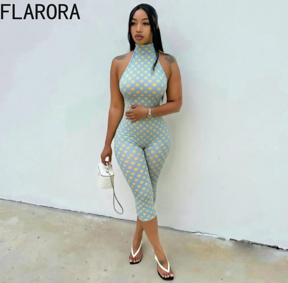 FLARORA Sexy Polka Dot Print Jumpsuit Woman Trend Halter Bandage Backless Sleeveless Peach Hip Skinny Elasticity Street Overalls